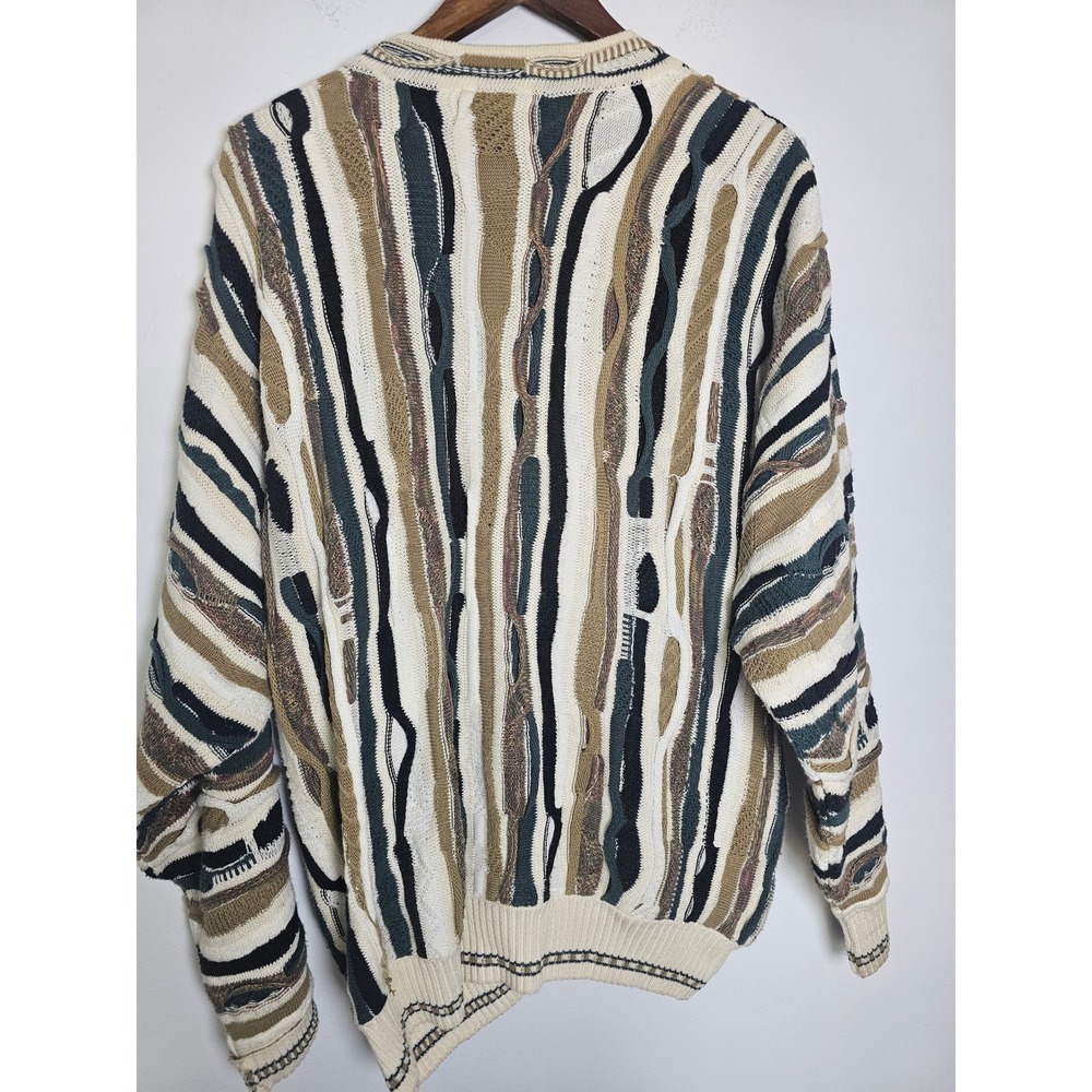 [Grandpacore] J. Ferrar 3D Knit Cardigan Mens Large  Green Striped Coogi Style - Picture 2 of 9